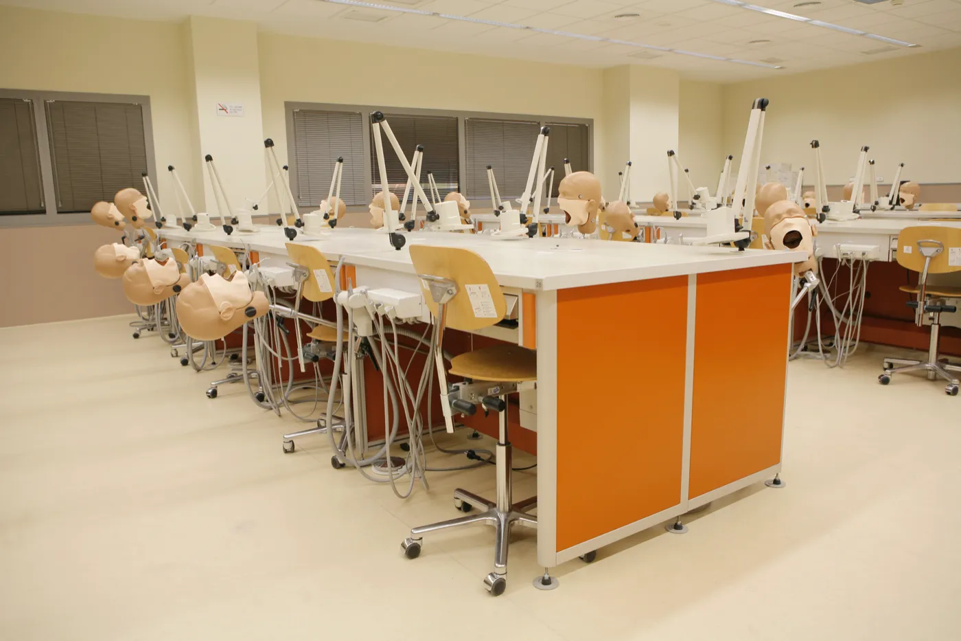 A skills laboratory at URJC with rows of phantom-head simulation units at workbenches